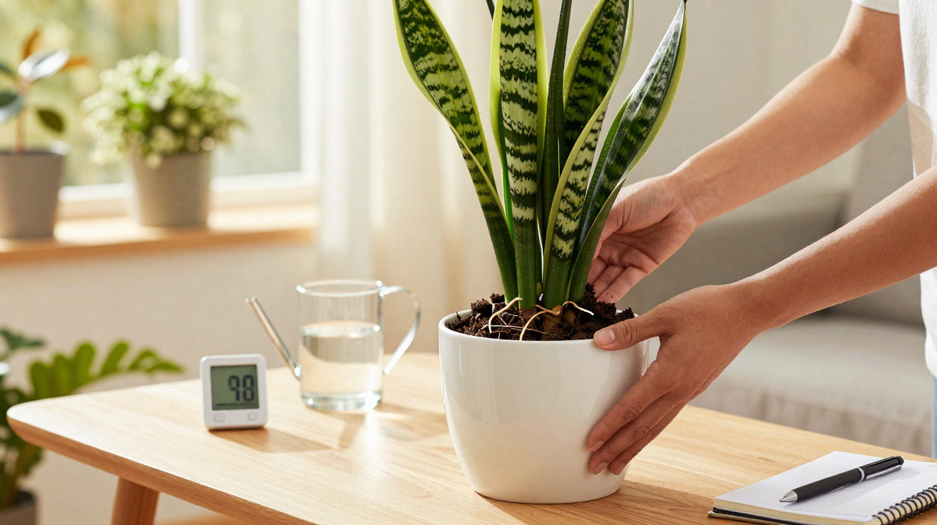 Person pflegt Zimmerpflanze auf hellem Holztisch mit Glas Wasser und Thermometer im Hintergrund.