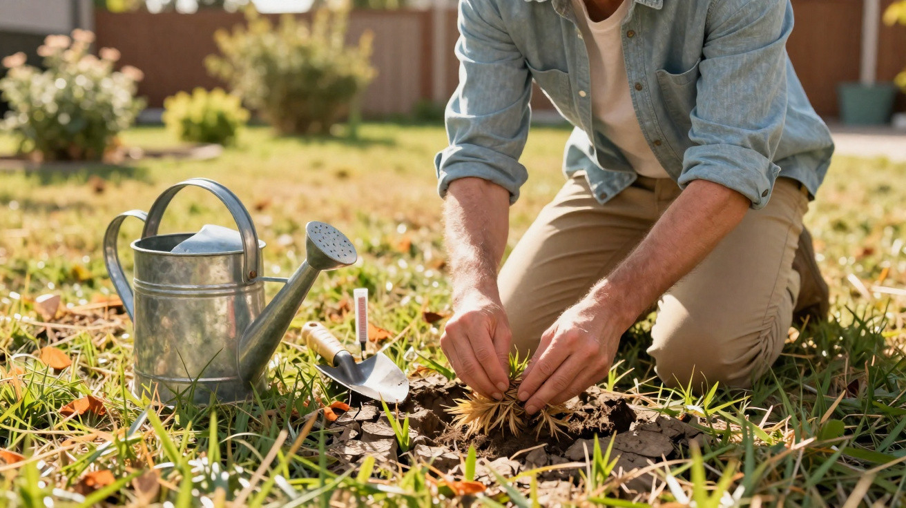 Person pflanzt Setzling im Garten, neben Gießkanne und Gartenschaufel bei sonnigem Wetter.