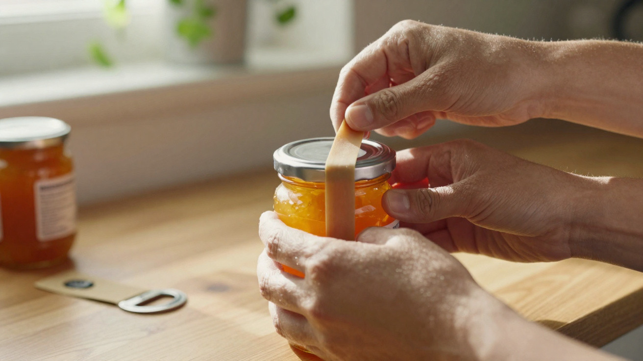 Person entfernt Schutzfolie von einem Glas mit oranger Marmelade auf einem Holztisch.