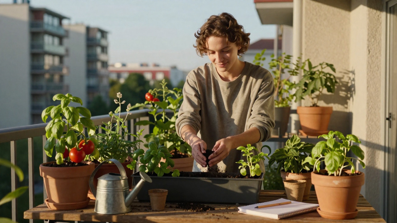 Junge gießt und pflegt Kräuter und Tomaten in Töpfen auf dem Balkon an einem sonnigen Tag.