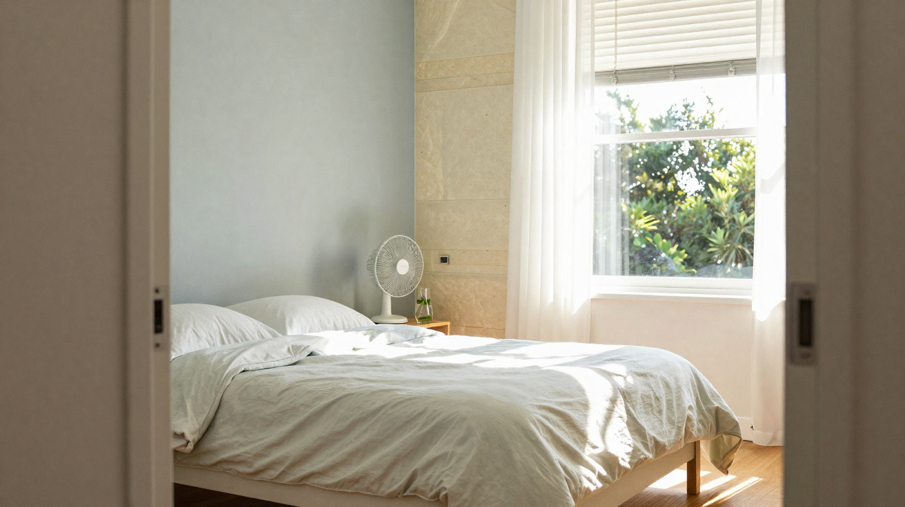 Helles Schlafzimmer mit weißem Bett, Ventilator auf Nachttisch und Fenster mit Blick ins Grüne.