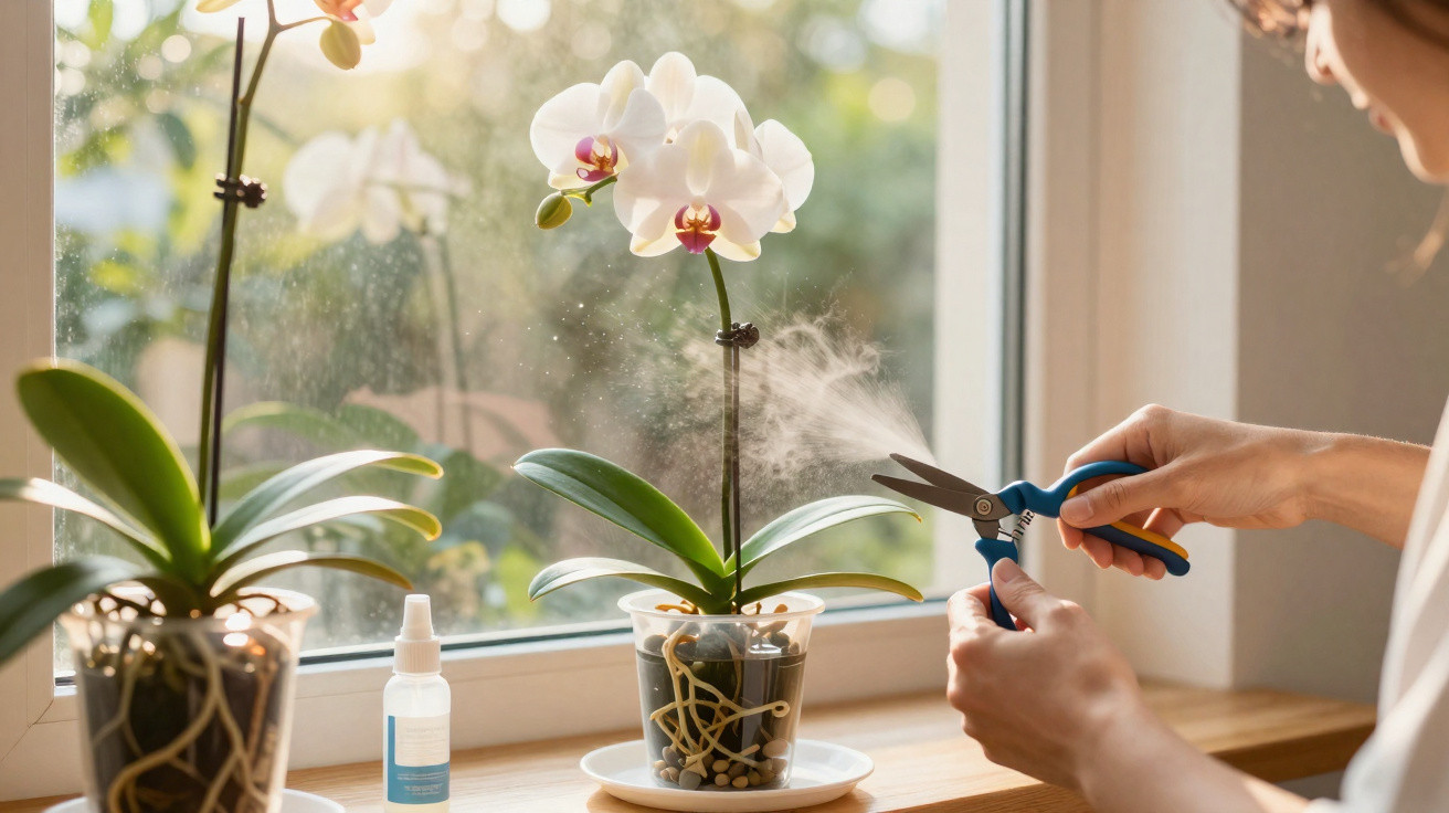 Person schneidet Orchideenblätter mit einer Gartenschere auf der Fensterbank in sonnigem Raum.