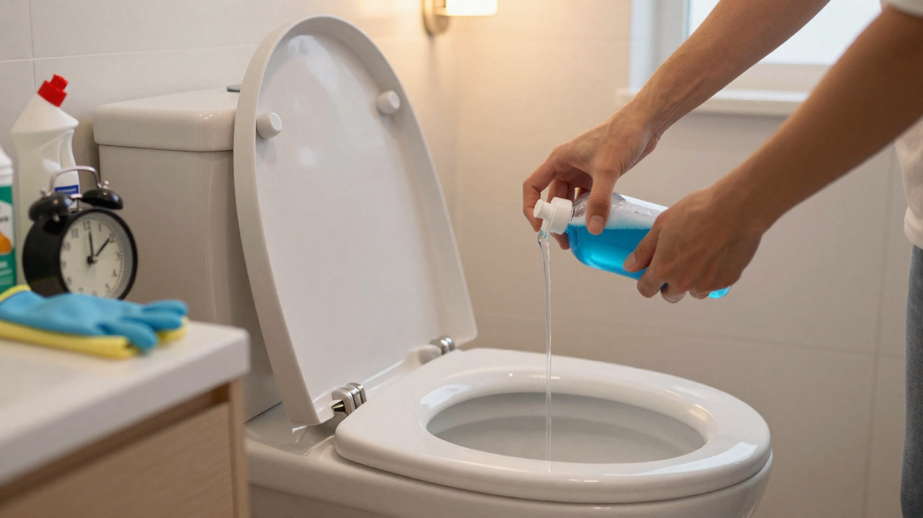 Person gießt blauen Toilettenreiniger in eine geöffnete Toilette im Badezimmer.