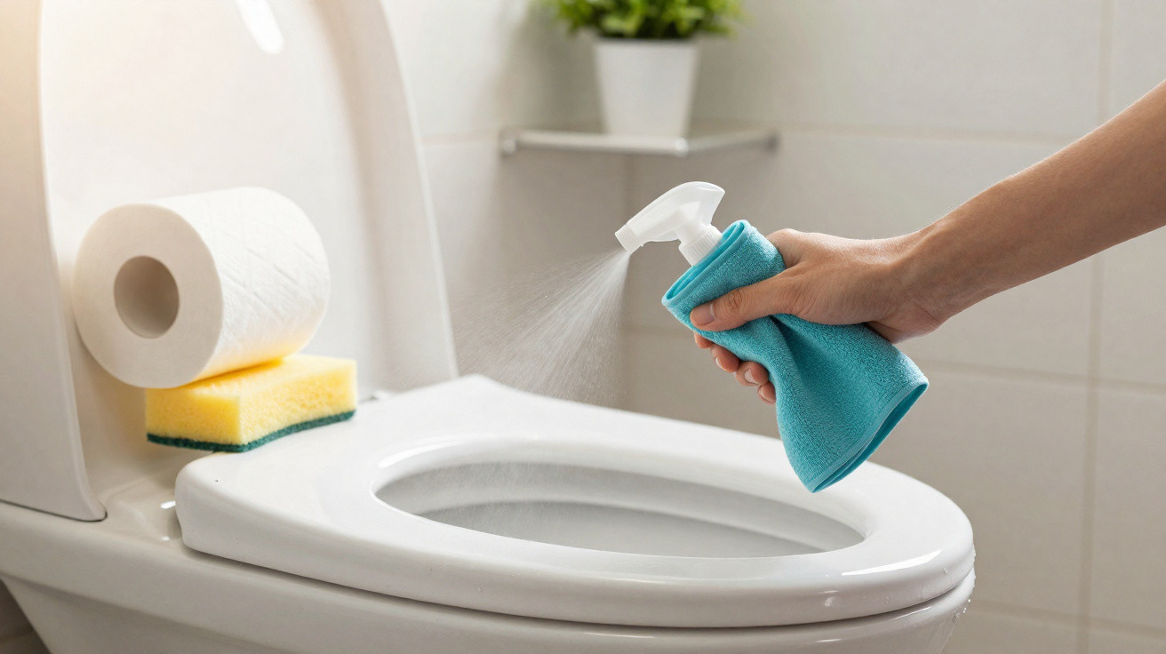 Hand sprüht Reinigungsmittel auf Toilettensitz mit Schwamm und Toilettenpapier im Hintergrund.