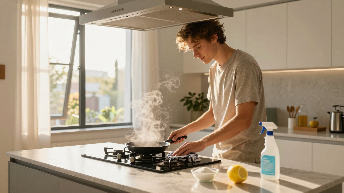 Junger Mann kocht an Herdplatte in heller moderner Küche mit Dunstabzugshaube und Küchenutensilien.