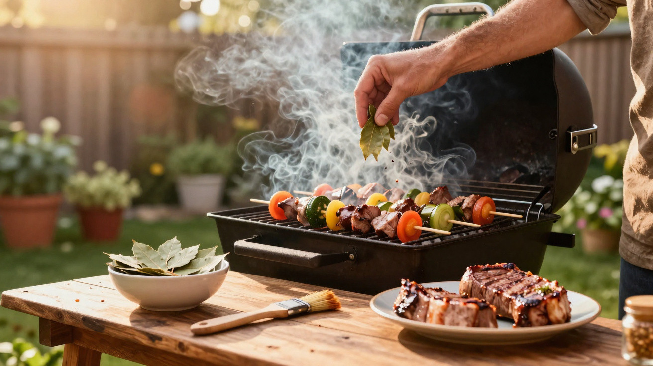 Mann würzt Fleisch und Gemüse-Spieße auf Grill im Garten mit Lorbeerblättern bei sonnigem Wetter.