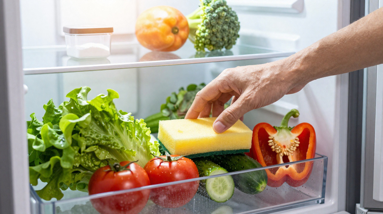 Hand legt Schwamm in Kühlschrank-Schublade mit frischem Gemüse wie Tomaten, Salat, Gurken und Paprika.