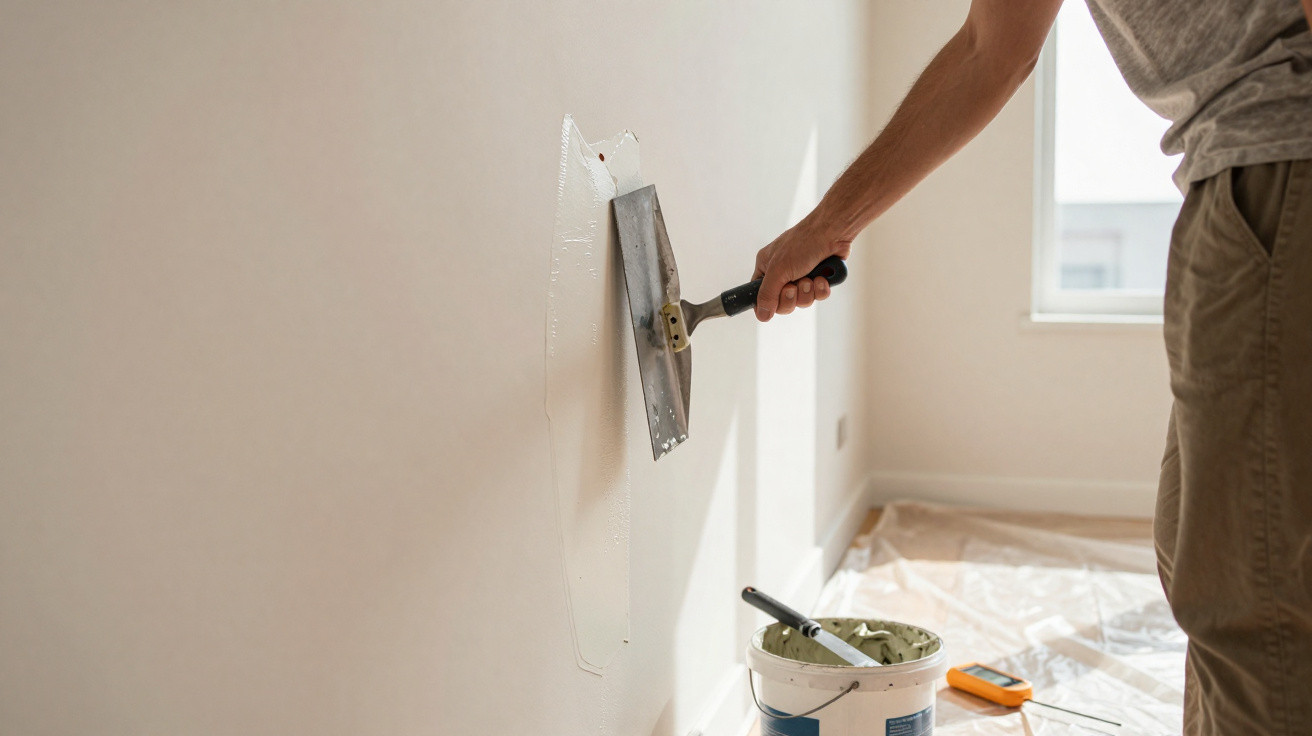 Person trägt mit Spachtel Spachtelmasse auf weiße Wand in hellem Raum auf.