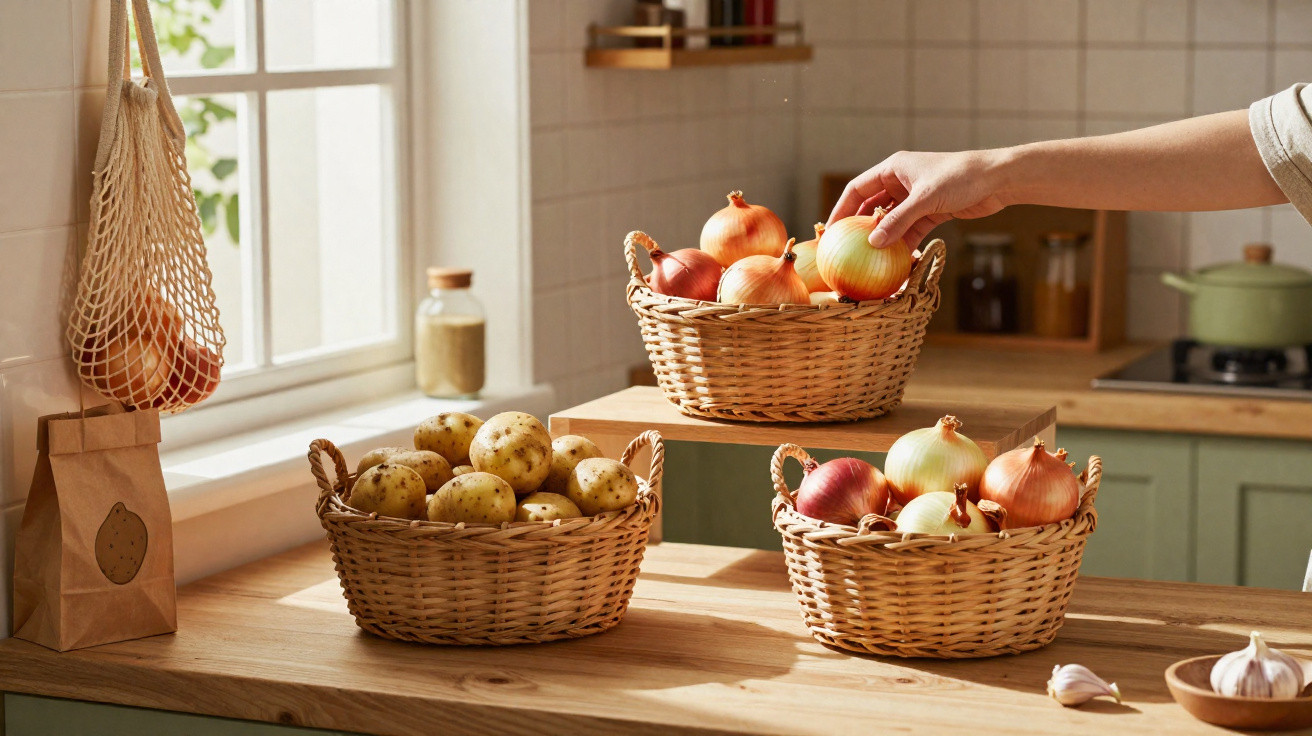 Küche mit drei geflochtenen Körben gefüllt mit Kartoffeln und Zwiebeln, Hand nimmt Zwiebel aus Korb