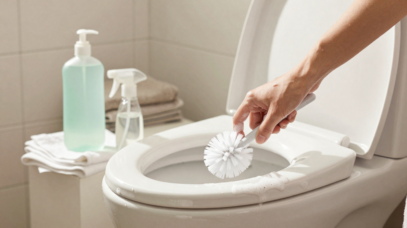 Hand reinigt WC-Sitz mit Bürste im Badezimmer, Reinigungsmittel und Handtücher im Hintergrund sichtbar.
