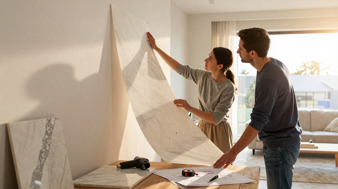 Paar bringt Tapete an einer Wand an, Tisch mit Werkzeug und Planungsunterlagen im hellen Wohnzimmer.