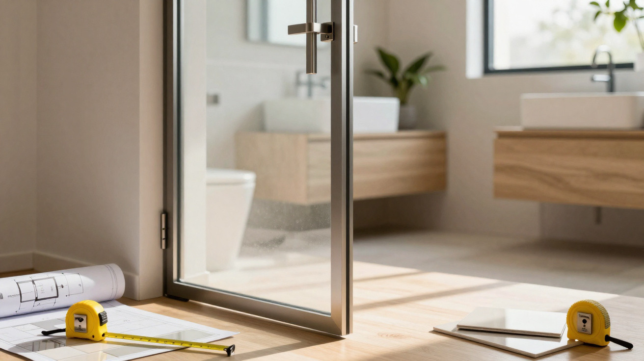 Moderner, heller Raum mit geöffneter Glastür, Maßband und Bauplan auf dem Boden, Badezimmer im Hintergrund.