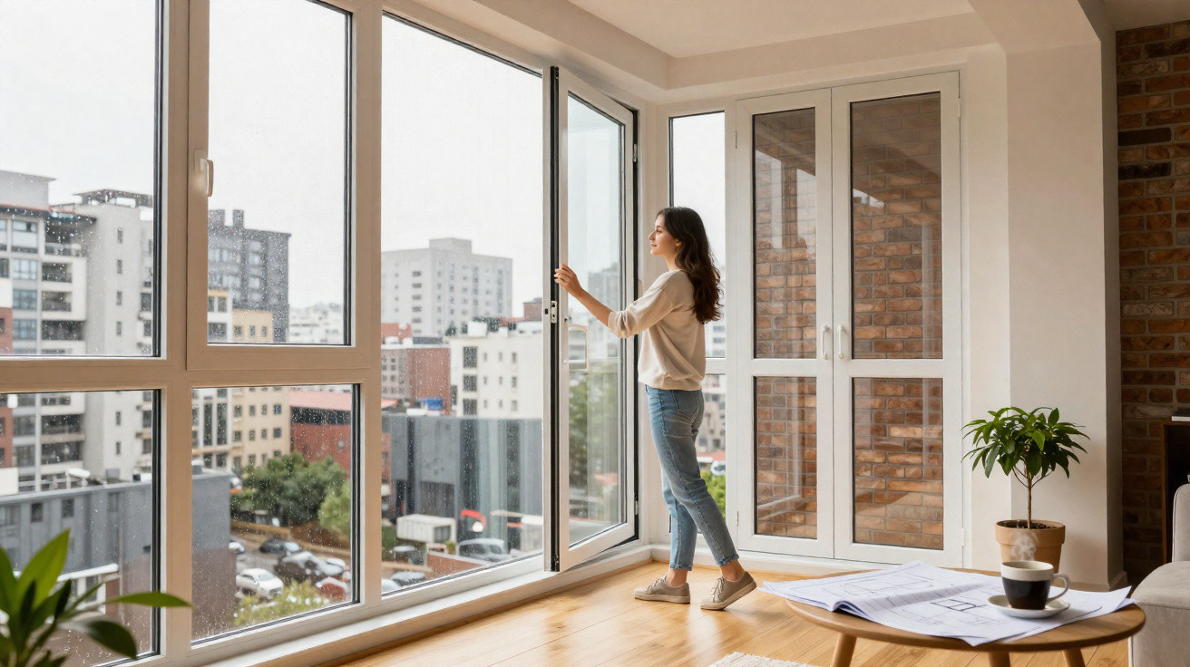 Frau öffnet große Fensterfront in modernem Wohnzimmer mit Blick auf städtische Gebäude bei Regenwetter.