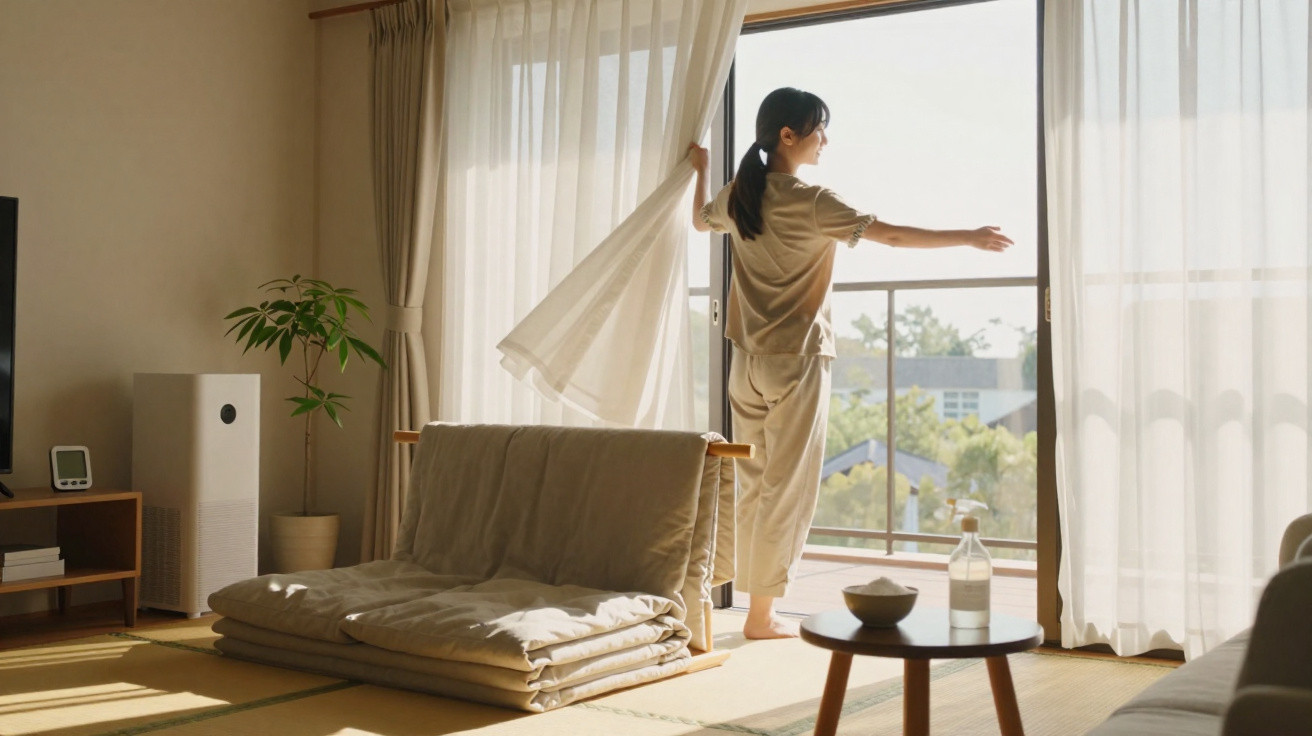Frau öffnet Vorhänge in sonnigem, gemütlichem Wohnzimmer mit japanischem Stil und Blick auf Balkon.