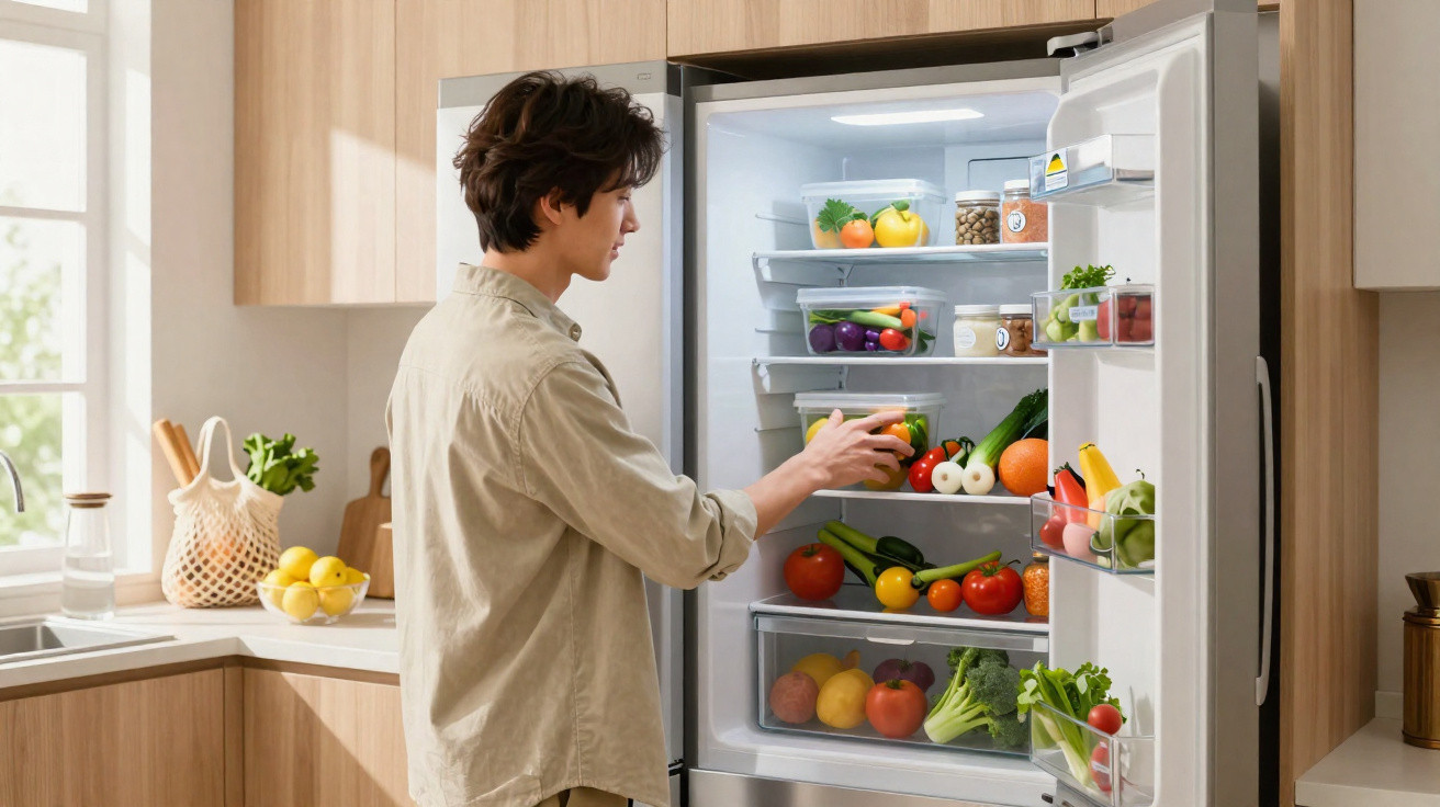 Mann öffnet Kühlschrank in moderner Küche, greift nach frischem Gemüse und Obst.