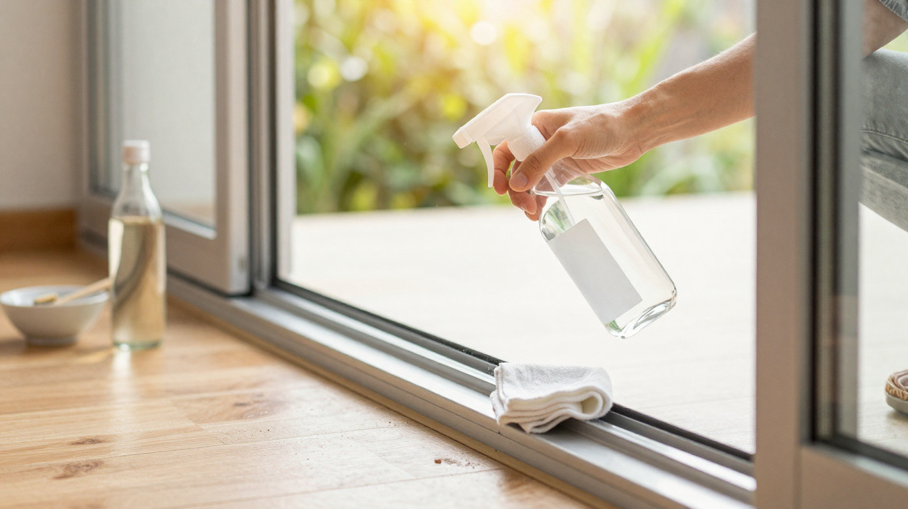 Hand sprüht Reinigungsmittel auf Fensterrahmen mit Tuch zum Putzen auf hellem Holzboden.