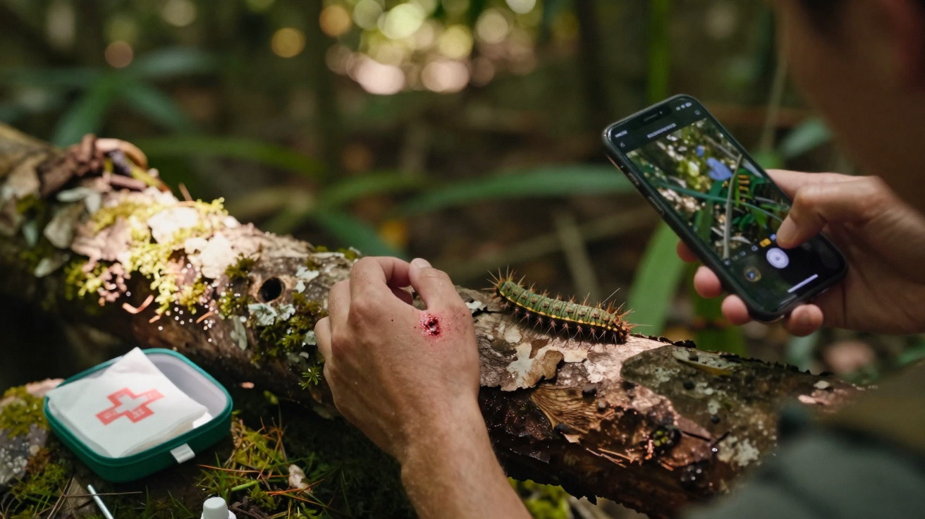 Hand mit Verletzung neben Baumstamm und großer Raupe, Person fotografiert die Raupe mit Smartphone im Wald.