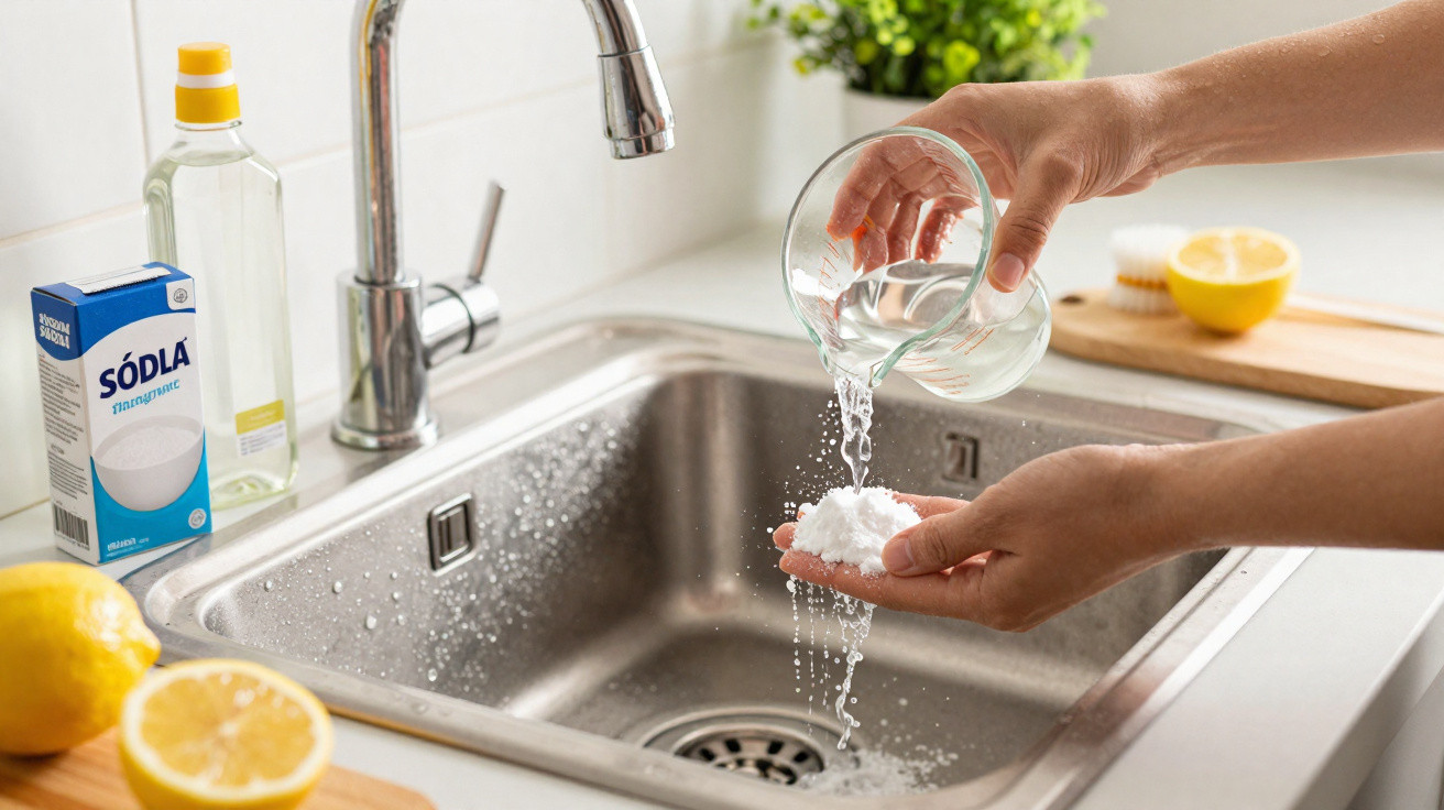 Wasser wird über Backpulver in einer Hand über der Küchenspüle gegossen, Zitrone und Essig im Hintergrund.