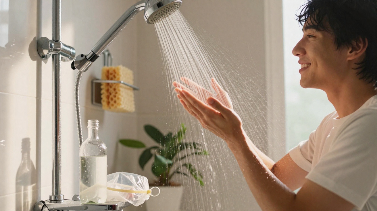 Junger Mann prüft die Wassertemperatur mit den Händen unter einer Dusche in modernem Badezimmer.
