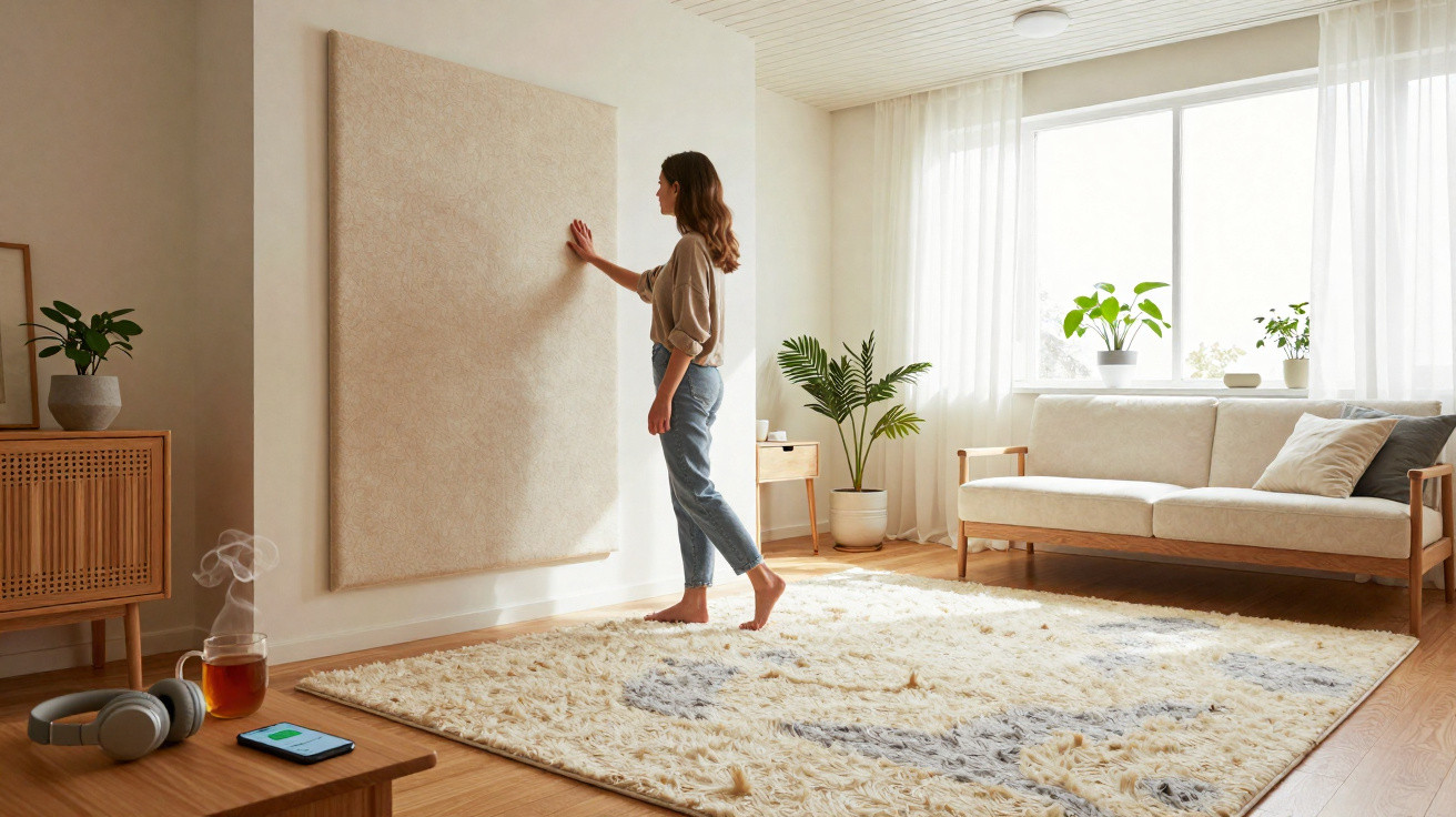 Frau berührt Wandbild in hellem Wohnzimmer mit Teppich, Sofa und Pflanzen, entspannte Atmosphäre.