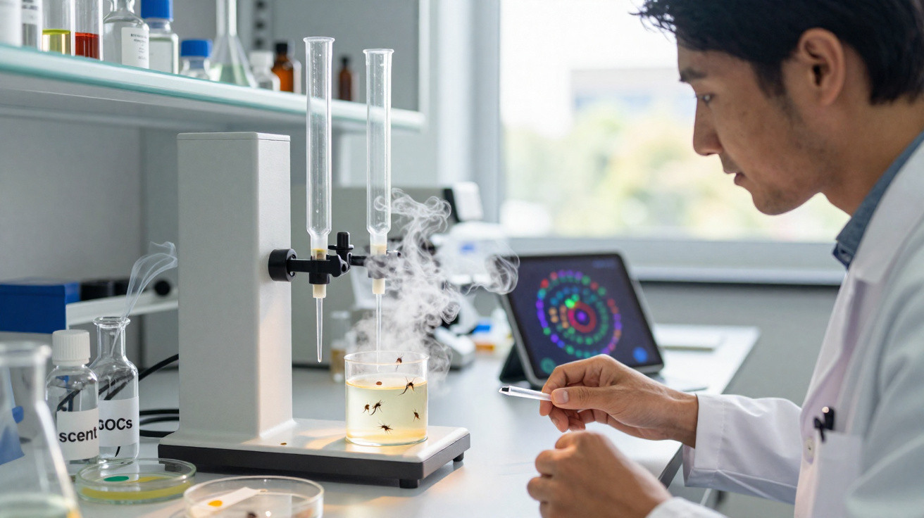 Mann im Labor beobachtet dampfende Flüssigkeit mit Insekten in einem Becherglas während eines Experiments.