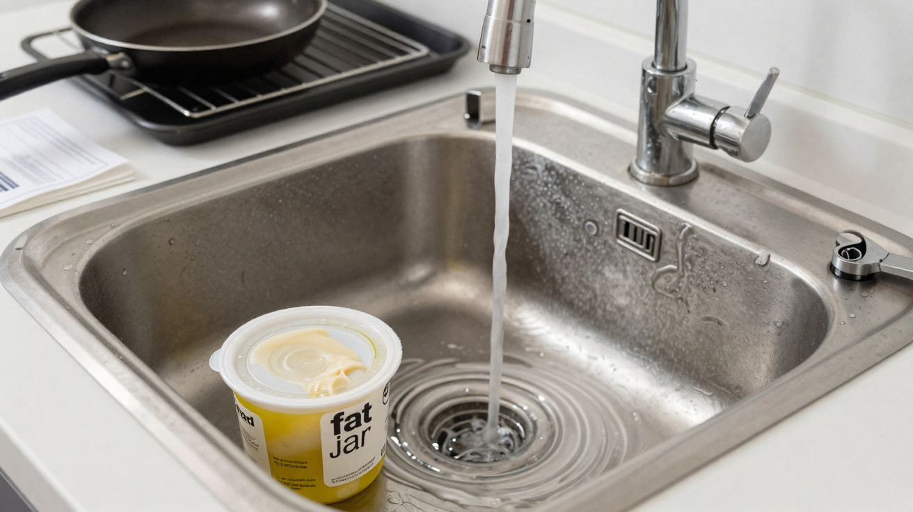 Küchenspüle aus Edelstahl mit laufendem Wasser und einem Becher Fat Jar auf der Ablagefläche.