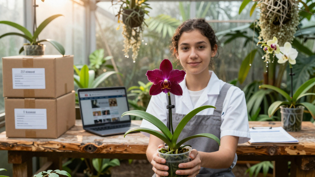 Junge Frau im Gewächshaus hält eine violette Orchidee, Laptop und Kartons im Hintergrund.