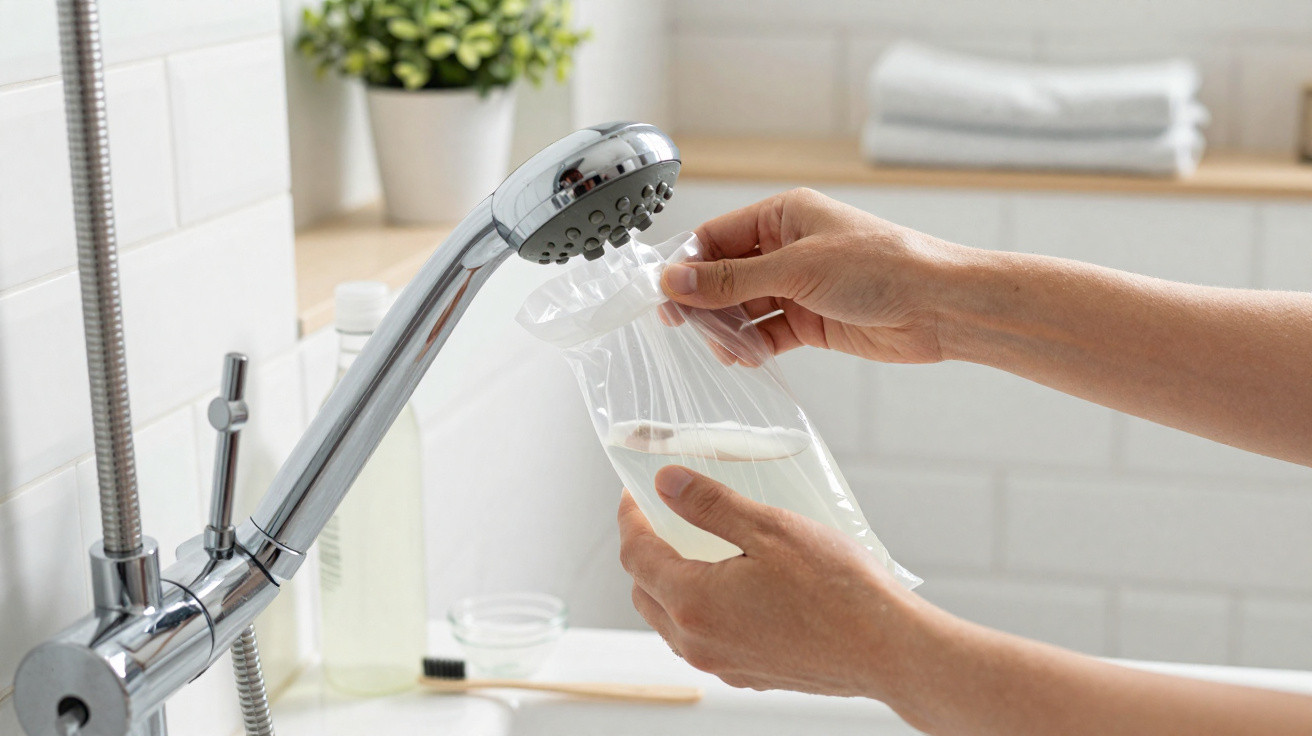 Person füllt mit Duschkopf Wasser in einen transparenten Beutel in einem hellen Badezimmer ab.