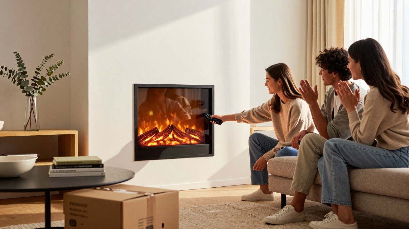 Drei Personen sitzen auf dem Sofa vor einem modernen, eingebauten Kaminfeuer in einem gemütlichen Wohnzimmer.