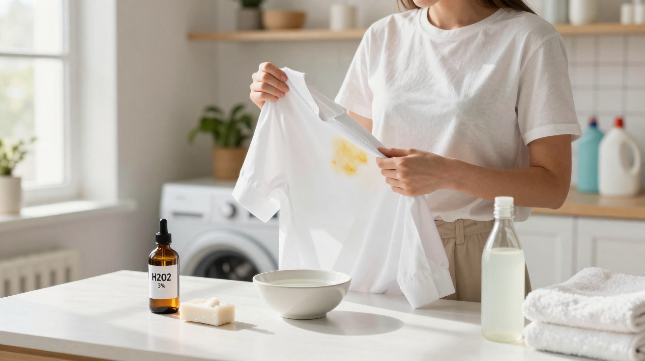 Frau hält weißes T-Shirt mit gelbem Fleck, verschiedene Waschmittel und Schüssel auf Küchentisch.
