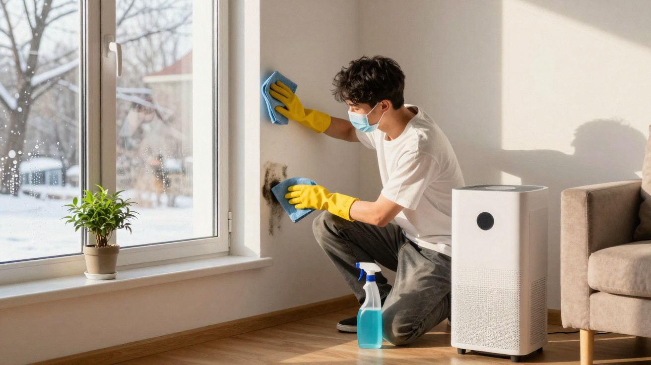 Person mit Maske und Handschuhen entfernt Schimmel an Innenwand neben Fenster im Wohnzimmer.