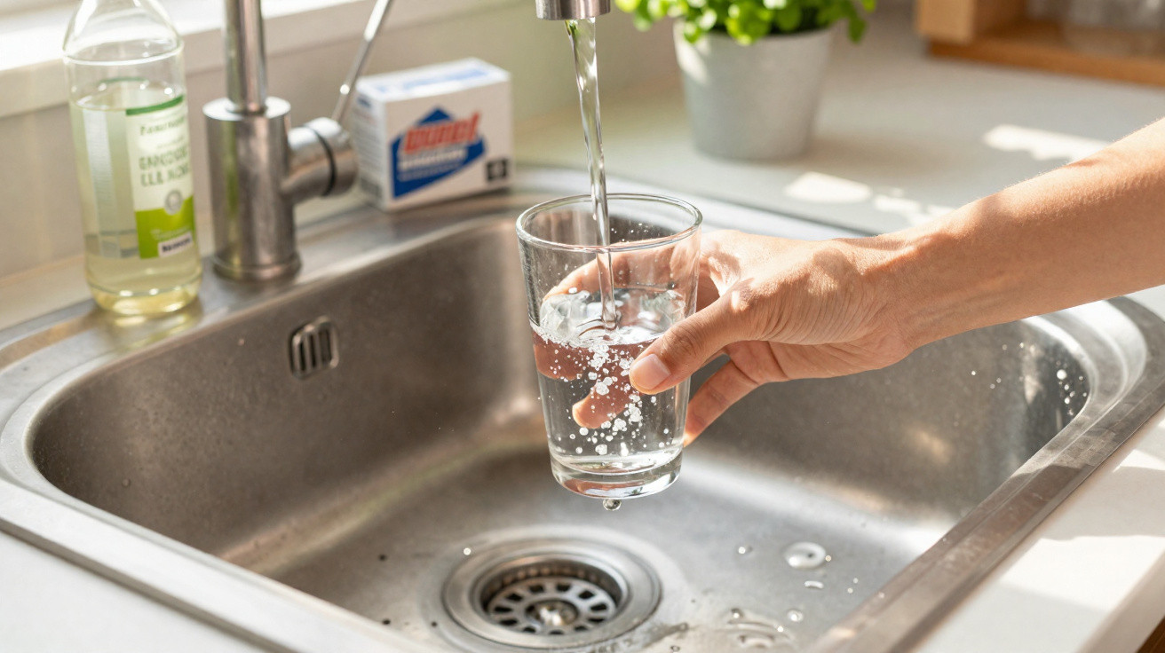 Hand füllt Glas mit klarem Wasser aus dem Küchenwasserhahn über Spüle.