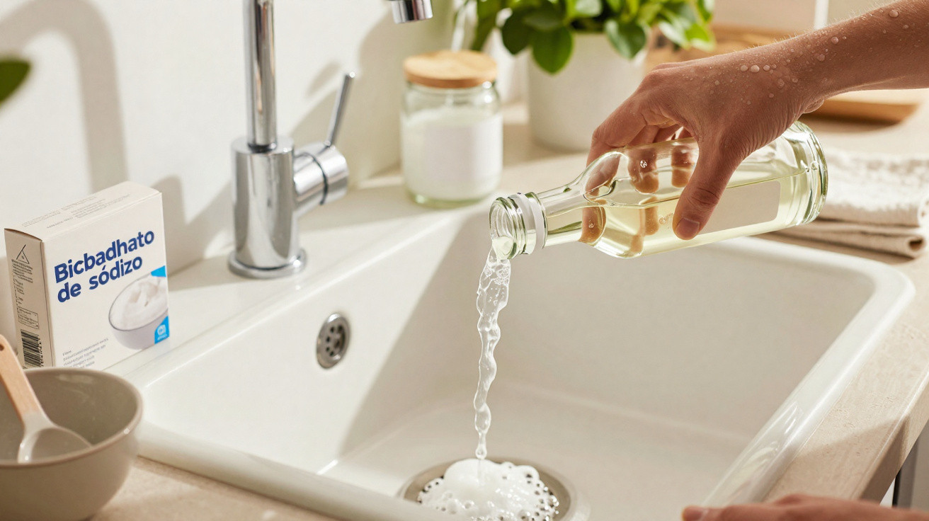 Hand gießt Flüssigkeit aus Glasflasche in Spüle mit Natron und Küchenutensilien im Hintergrund.