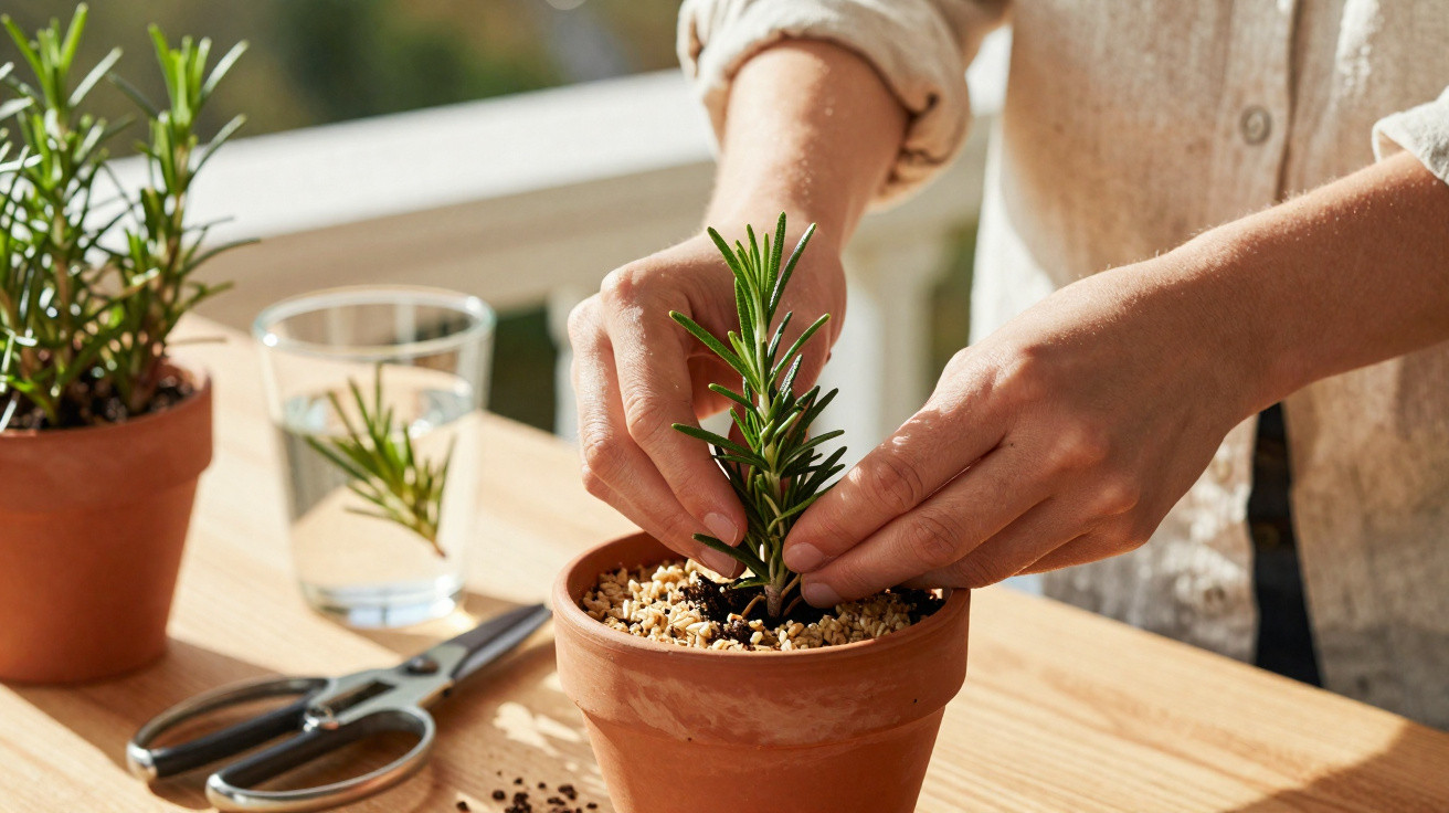 Person pflanzt einen Rosmarinzweig in einen Blumentopf auf einem Holztisch bei Tageslicht.