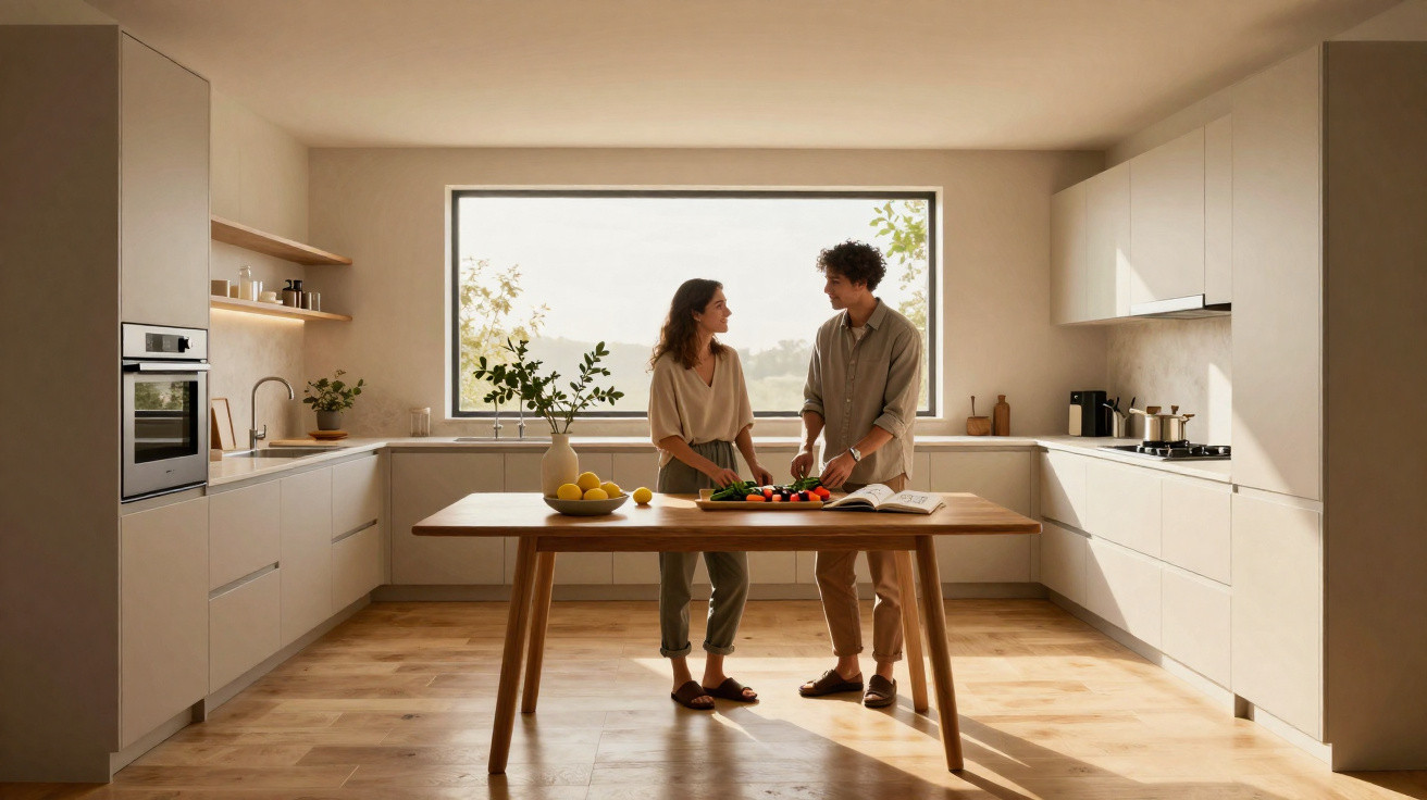 Modern eingerichtete helle Küche mit großem Fenster und jungem Paar beim gemeinsamen Kochen am Holztisch.