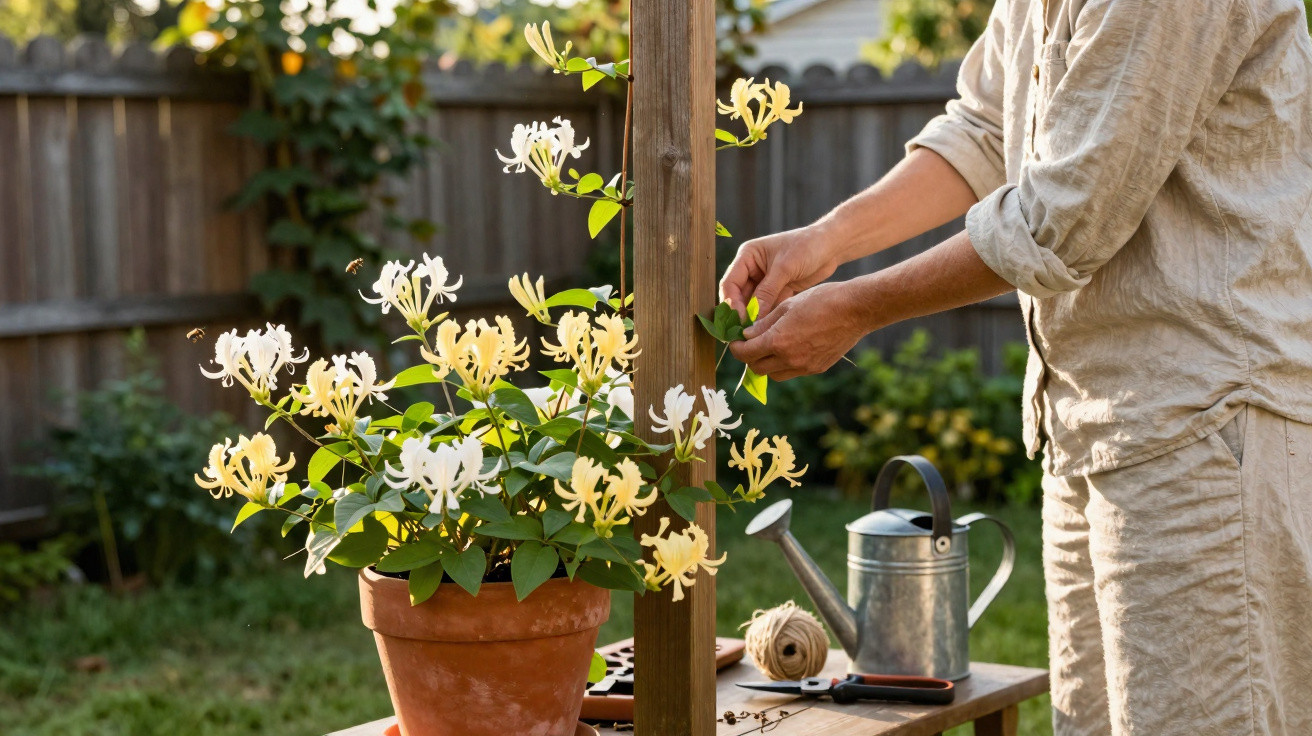 Person bindet Geißblatt an Holzpfahl, Tontopf mit gelb-weißen Blüten, Garten mit Zaun im Hintergrund.