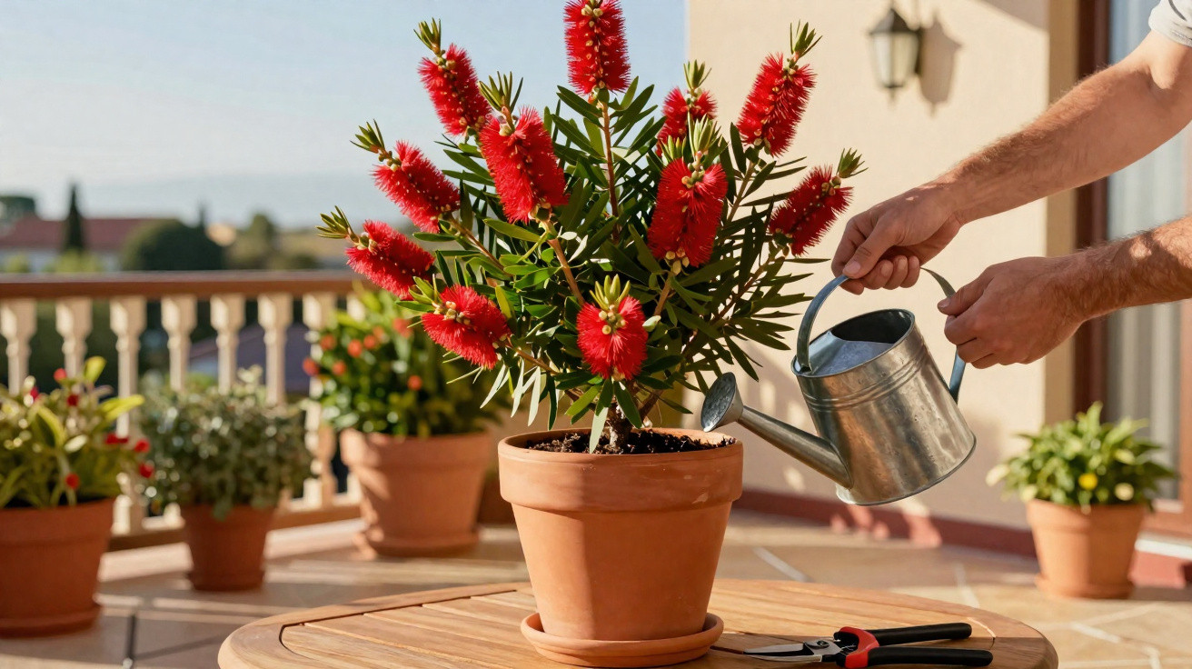 Person gießt rote Flaschenputzer-Blume (Callistemon) in Terrakottatopf auf Balkon bei Sonnenschein.