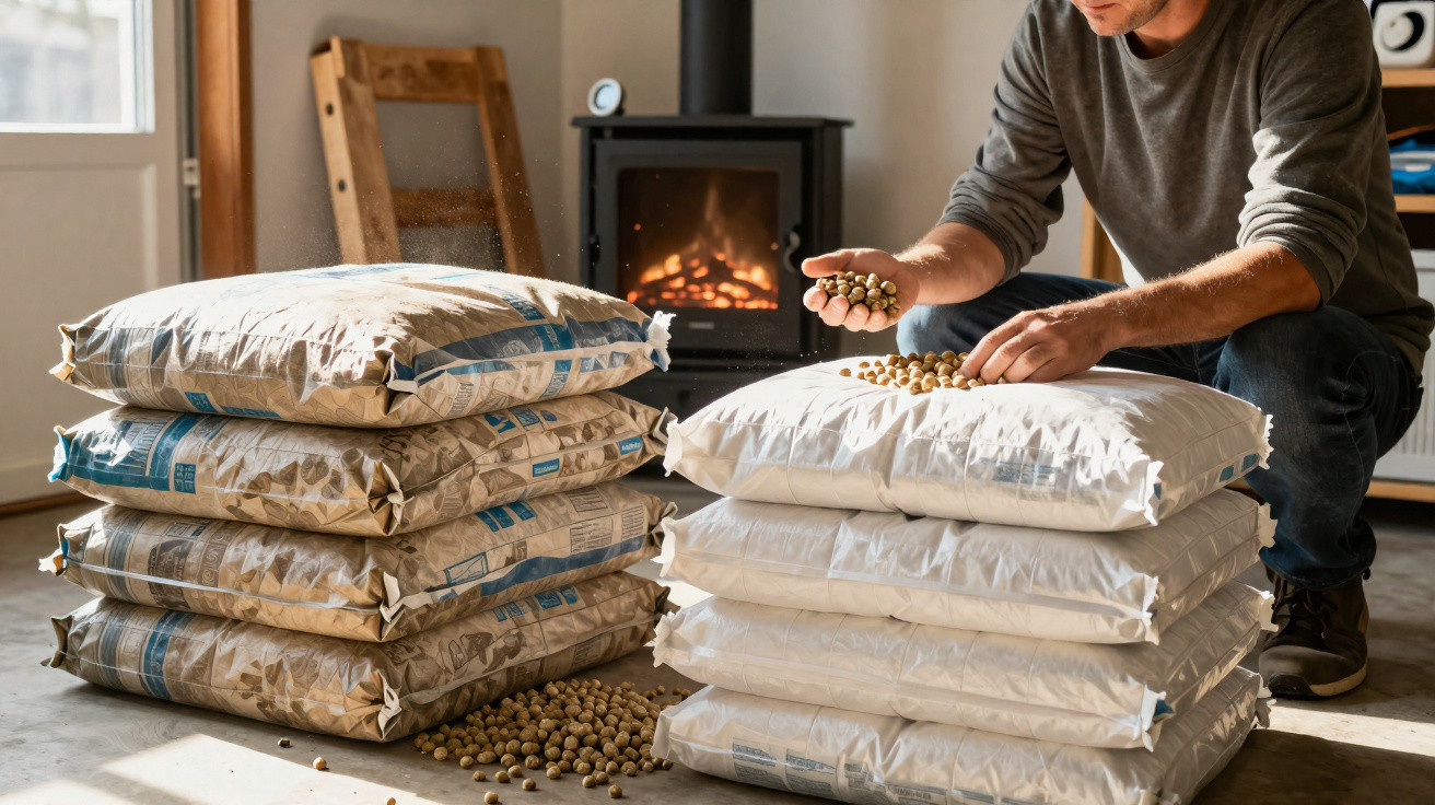 Mann kniet vor gestapelten Säcken mit Pellets, hält mehrere Pellets in der Hand vor einem Holzofen mit Feuer.
