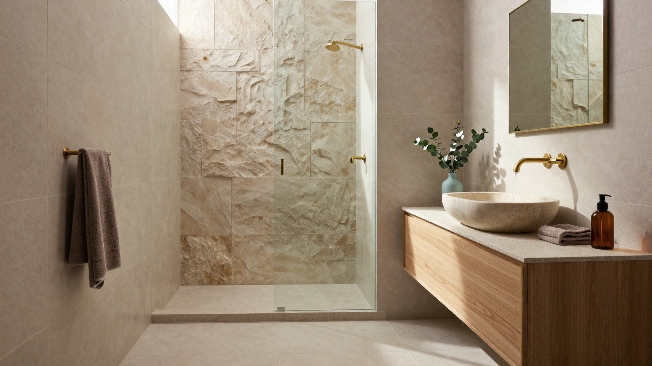 Moderner Badezimmerinnenraum mit walk-in Dusche, Natursteinfliesen, Holzwaschtisch und dekorativem Pflanzenvasenarrangement.
