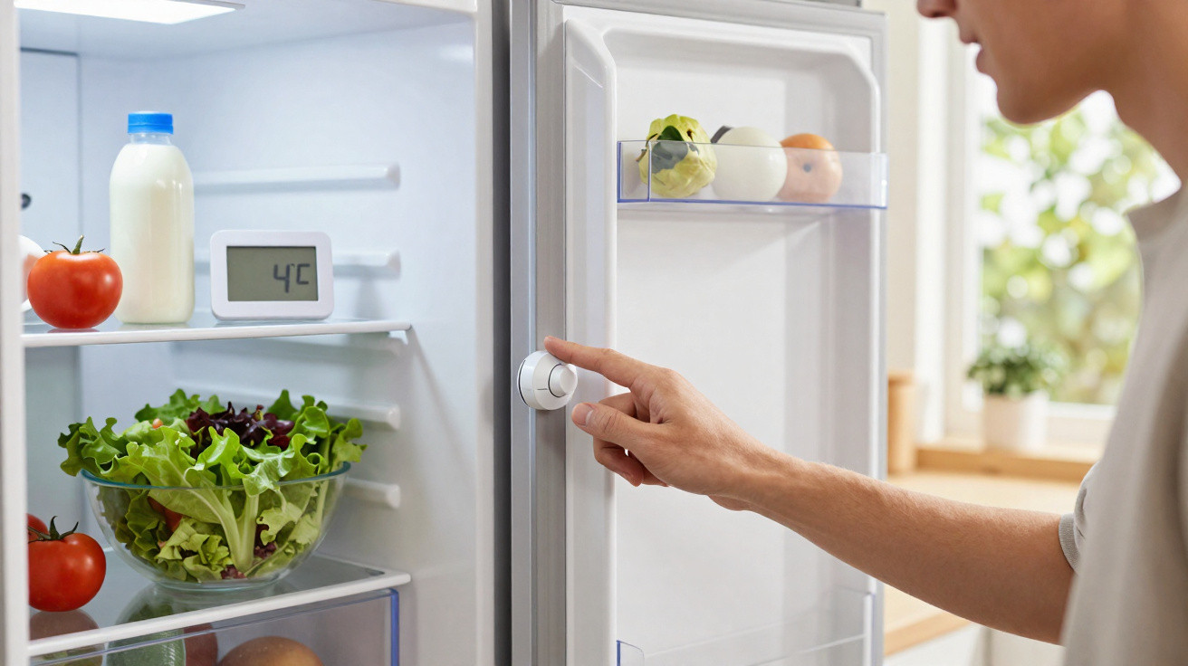 Person stellt Temperaturregler an offenem Kühlschrank mit frischem Gemüse und Milch ein.
