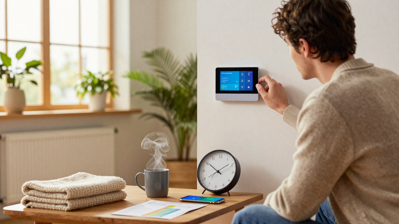 Mann stellt an einem Wandthermostat die Temperatur ein, daneben Tisch mit Uhr, Smartphone und dampfender Tasse.