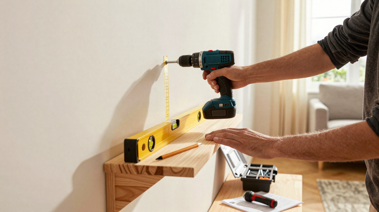 Person bohrt eine Wand mit Akkuschrauber über einem waagerechten Holzregal und misst mit Wasserwaage.