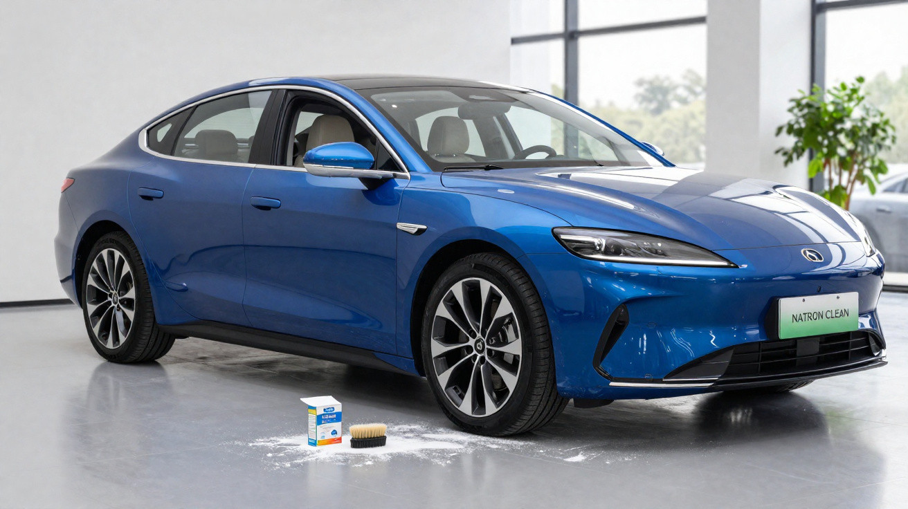 Blaues Elektroauto in modernem Raum mit Natronpulver und Bürste auf dem Boden davor.
