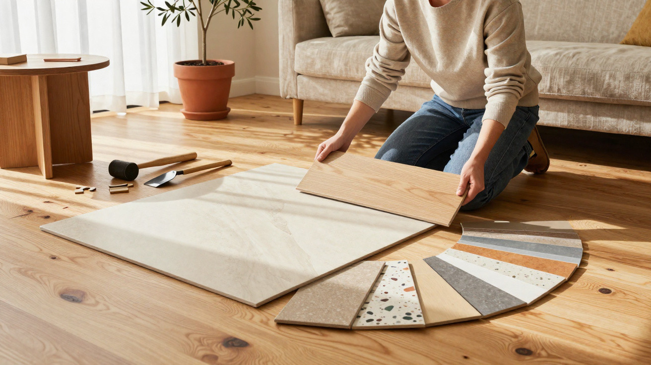 Person vergleicht Bodenbeläge mit verschiedenen Holz- und Steinmustern im hellen Wohnzimmer.