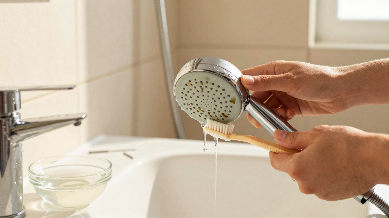 Wasser wird aus einem Duschkopf auf eine Zahnbürste im Badezimmerfluss gehalten.