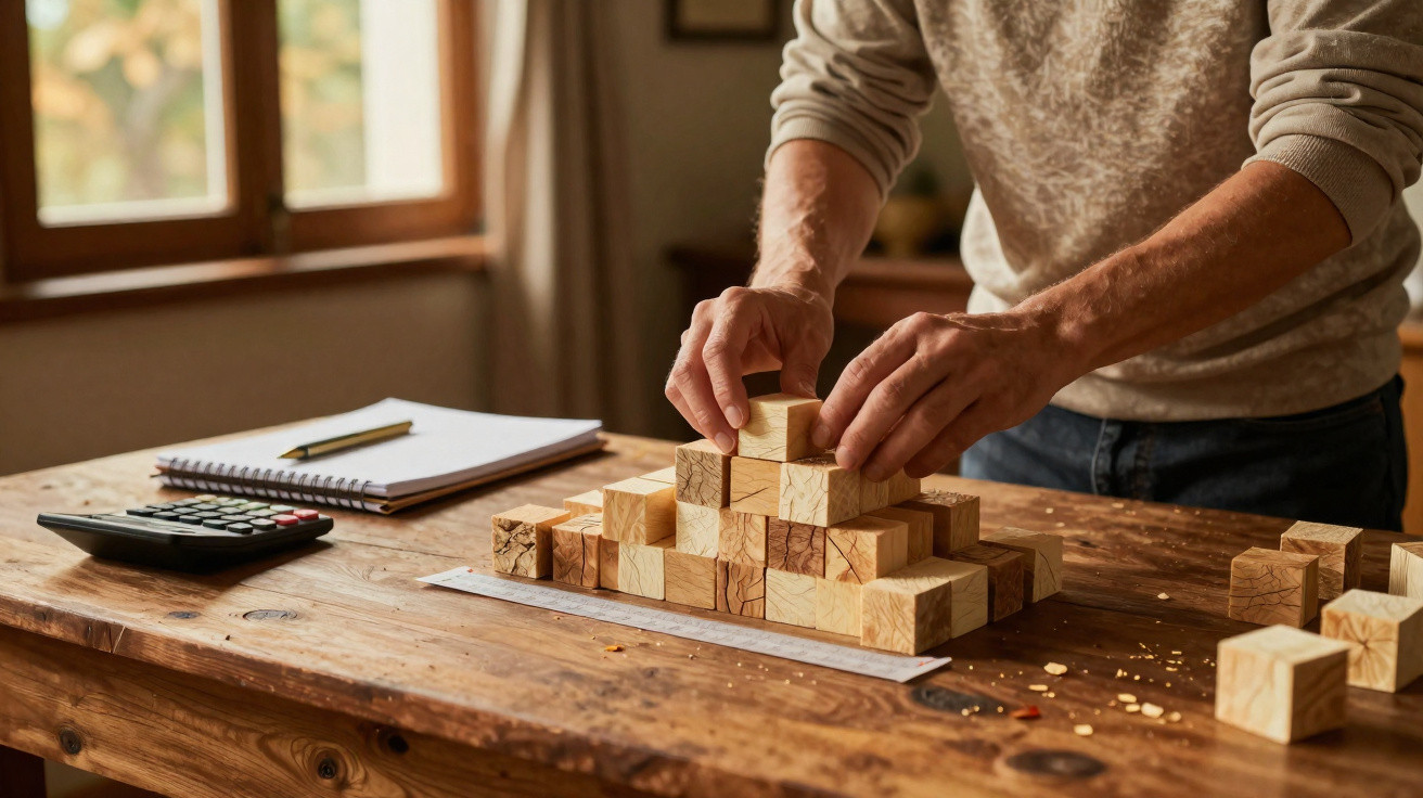 Person baut aus Holzbausteinen auf einem Tisch eine Pyramide, daneben Taschenrechner und Notizbuch.