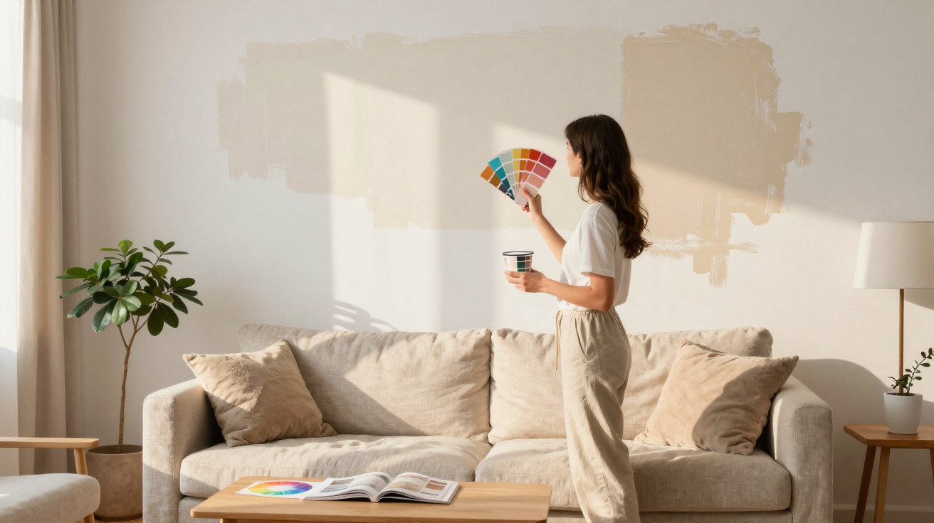 Frau steht vor Sofa und hält Farbfächer, um Wandfarbe im Wohnzimmer auszuwählen.