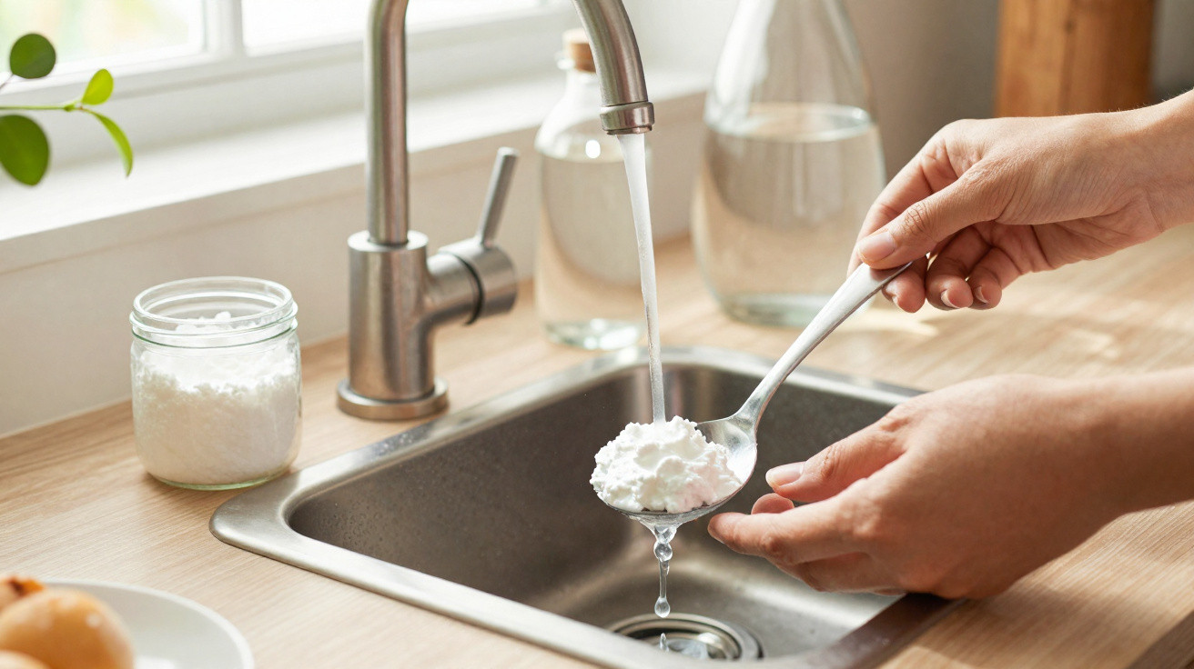 Hände halten einen Löffel mit Backpulver unter einen laufenden Wasserhahn über der Küchenspüle.