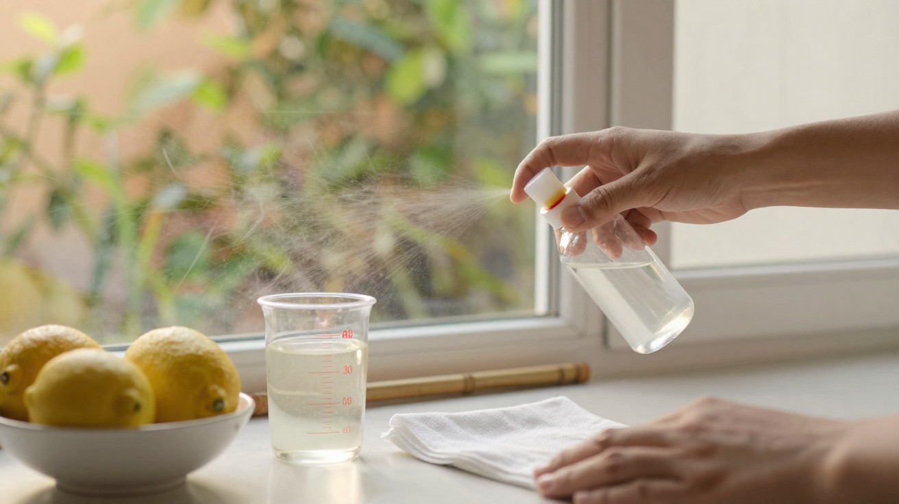 Hand sprüht Flüssigkeit neben Glas mit Wasser und Schale mit Zitronen auf Küchentisch vor Fenster.