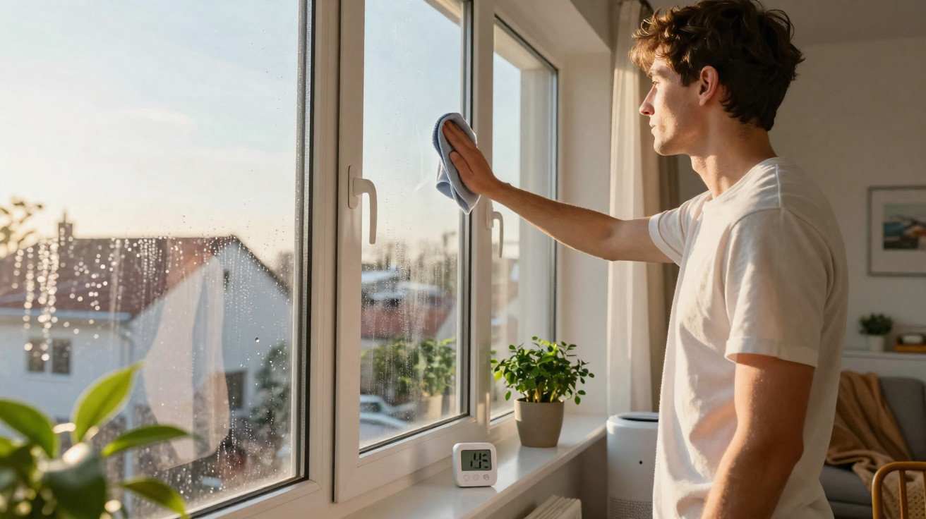 Junger Mann reinigt am Morgen ein Fenster in einer hellen, gemütlichen Wohnung.